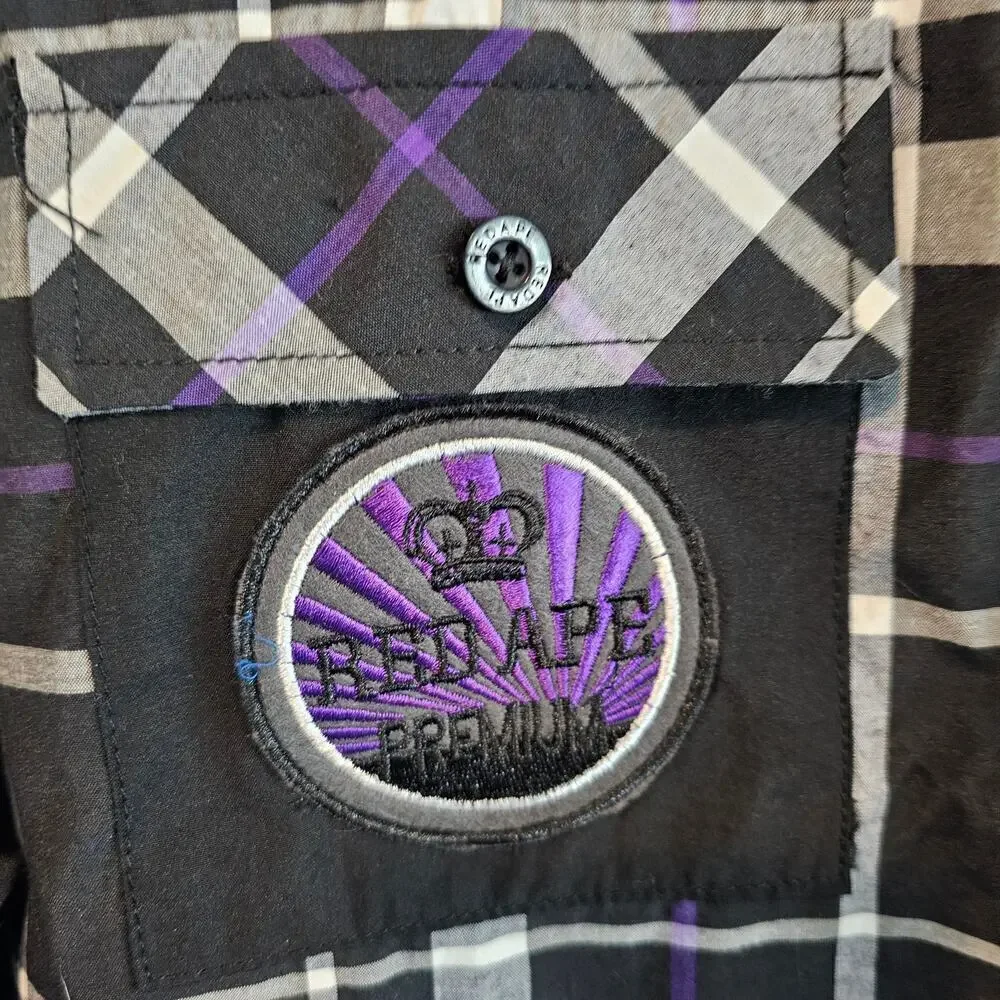 Red Ape Premium Button Down Shirt Mens 2XL Black Purple Plaid Long Sleeve